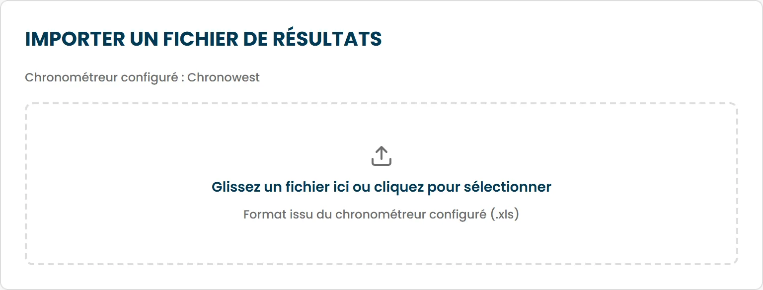La section Importer un fichier de résultats, avec le chronométreur configuré et la zone de dépôt du fichier