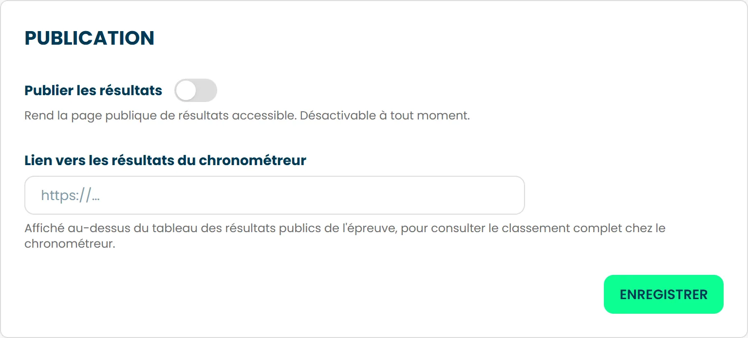 La section Publication, avec l'interrupteur Publier les résultats et le lien vers les résultats du chronométreur