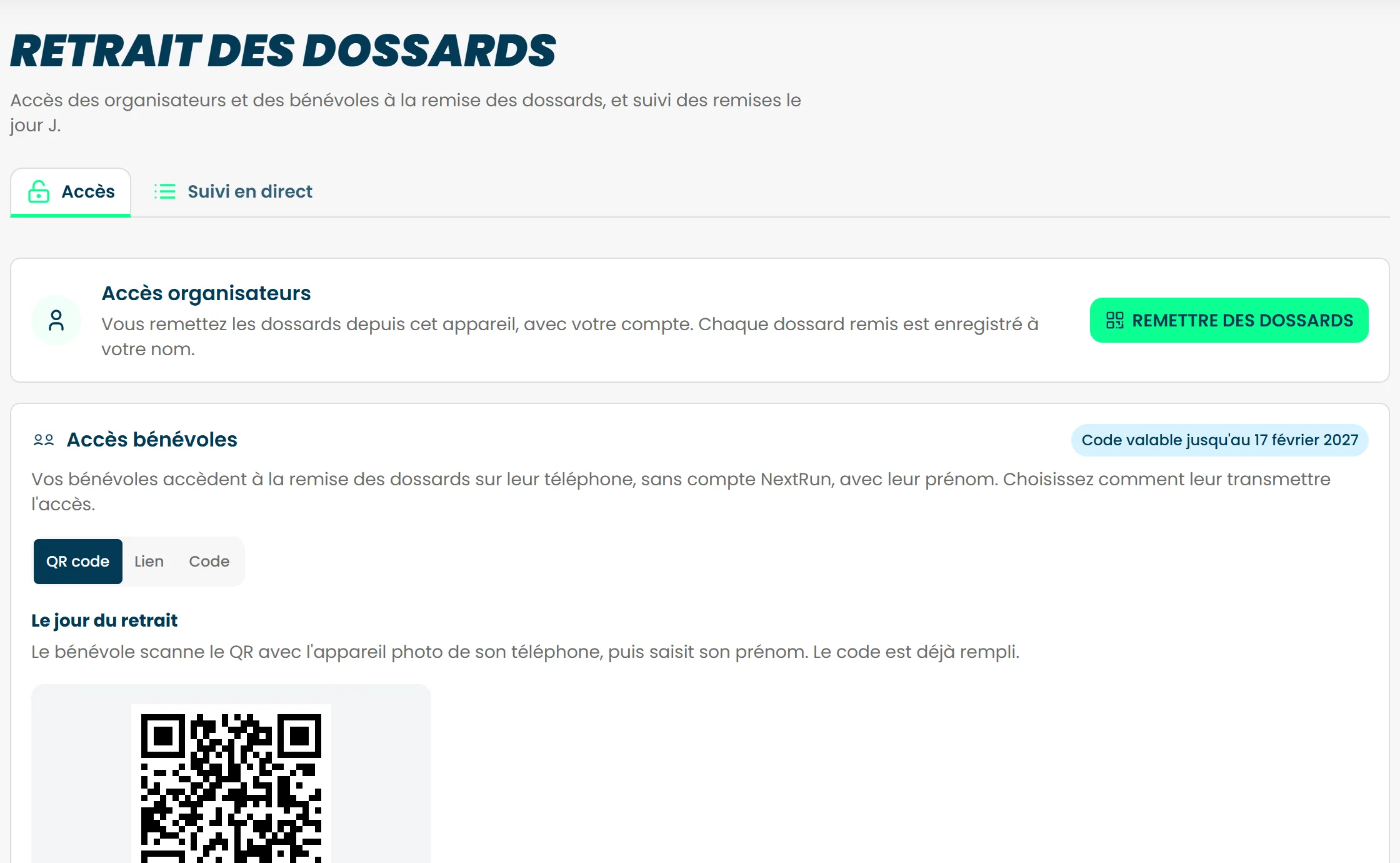 L'onglet Accès du menu Retrait, avec l'accès des organisateurs et la carte Accès bénévoles en mode QR code