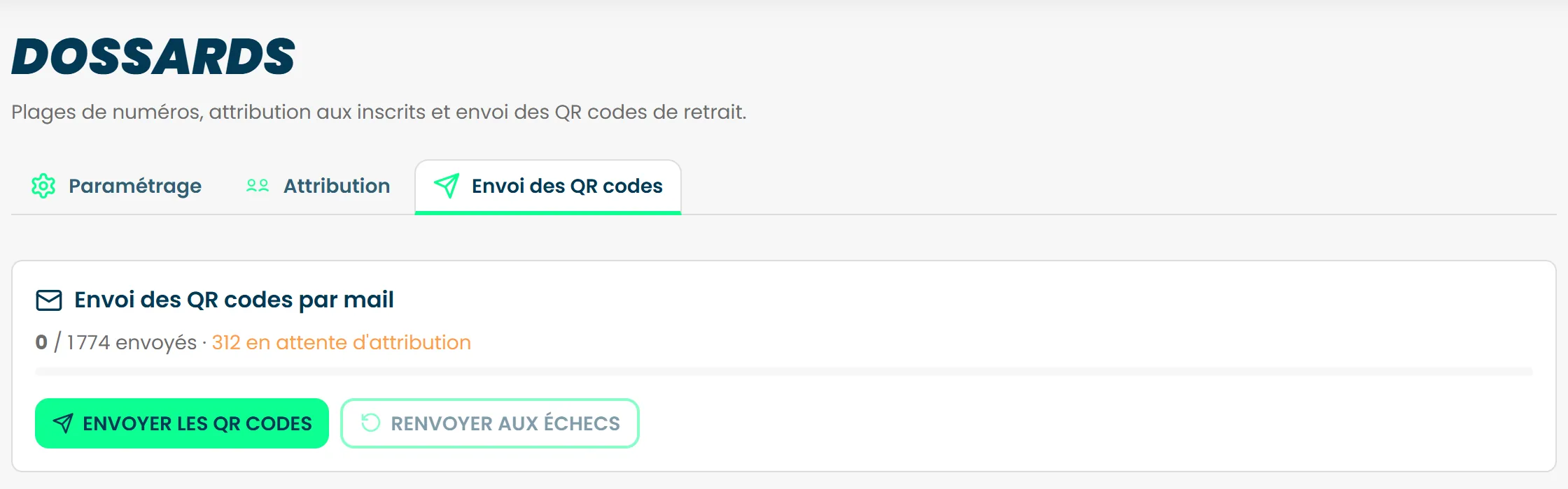 L'onglet Envoi des QR codes, avec la carte Envoi des QR codes par mail et sa barre de progression