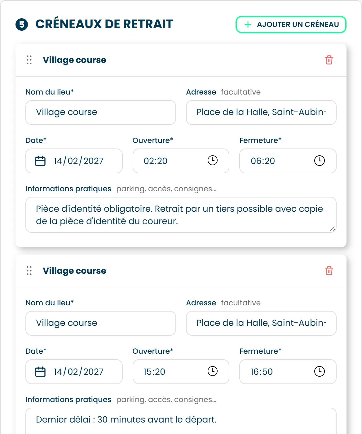 La section Créneaux de retrait d'une épreuve, avec deux créneaux, leur lieu, leur date et leurs horaires