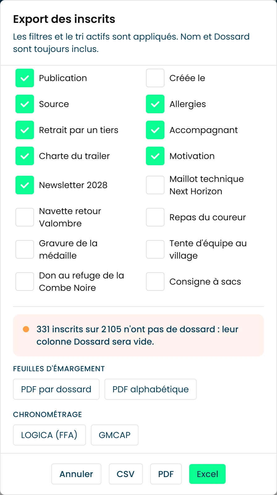 Le bas de la fenêtre Export des inscrits, avec les boutons PDF par dossard et PDF alphabétique des feuilles d'émargement