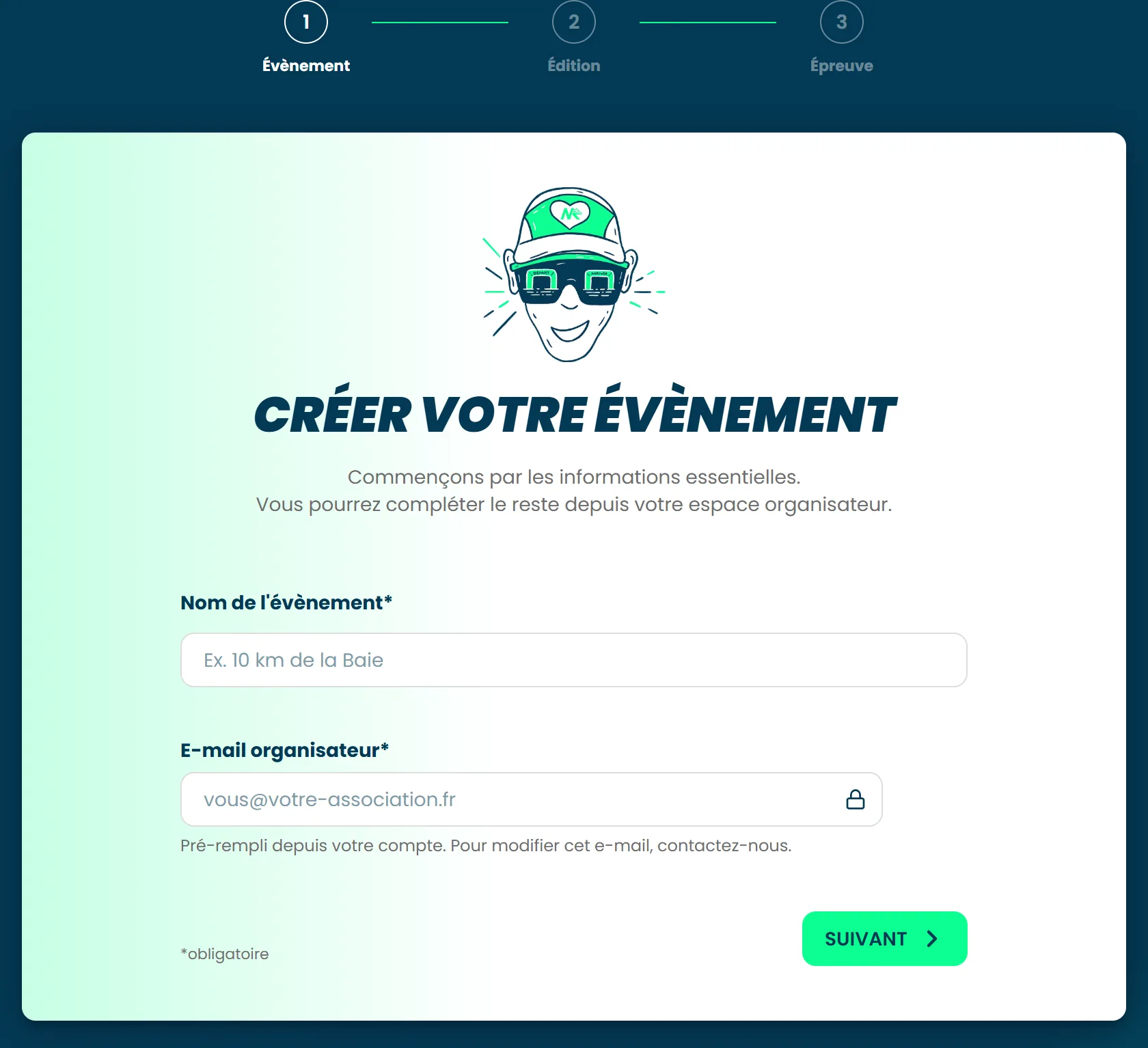 La première des trois étapes de création, où vous saisissez le nom de votre évènement