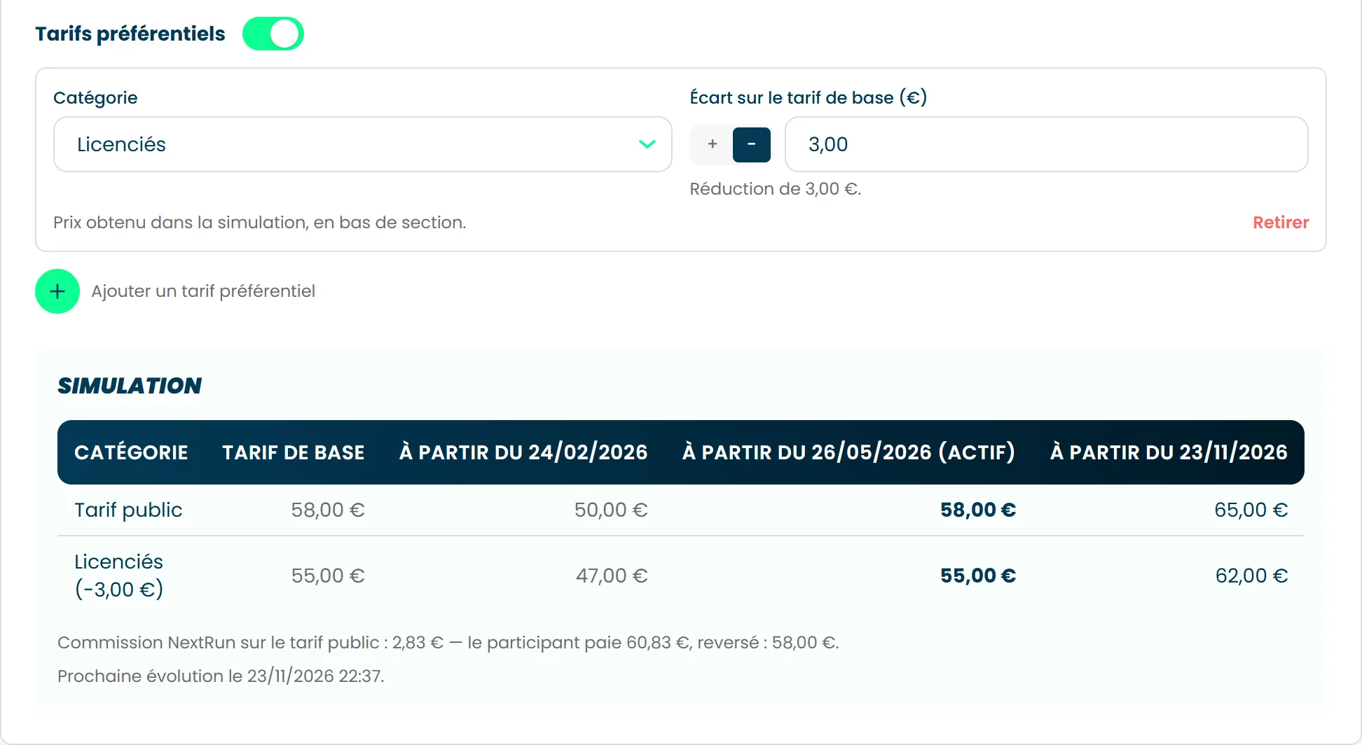 Un tarif préférentiel pour les licenciés, et le bloc Simulation qui donne le prix payé à chaque palier
