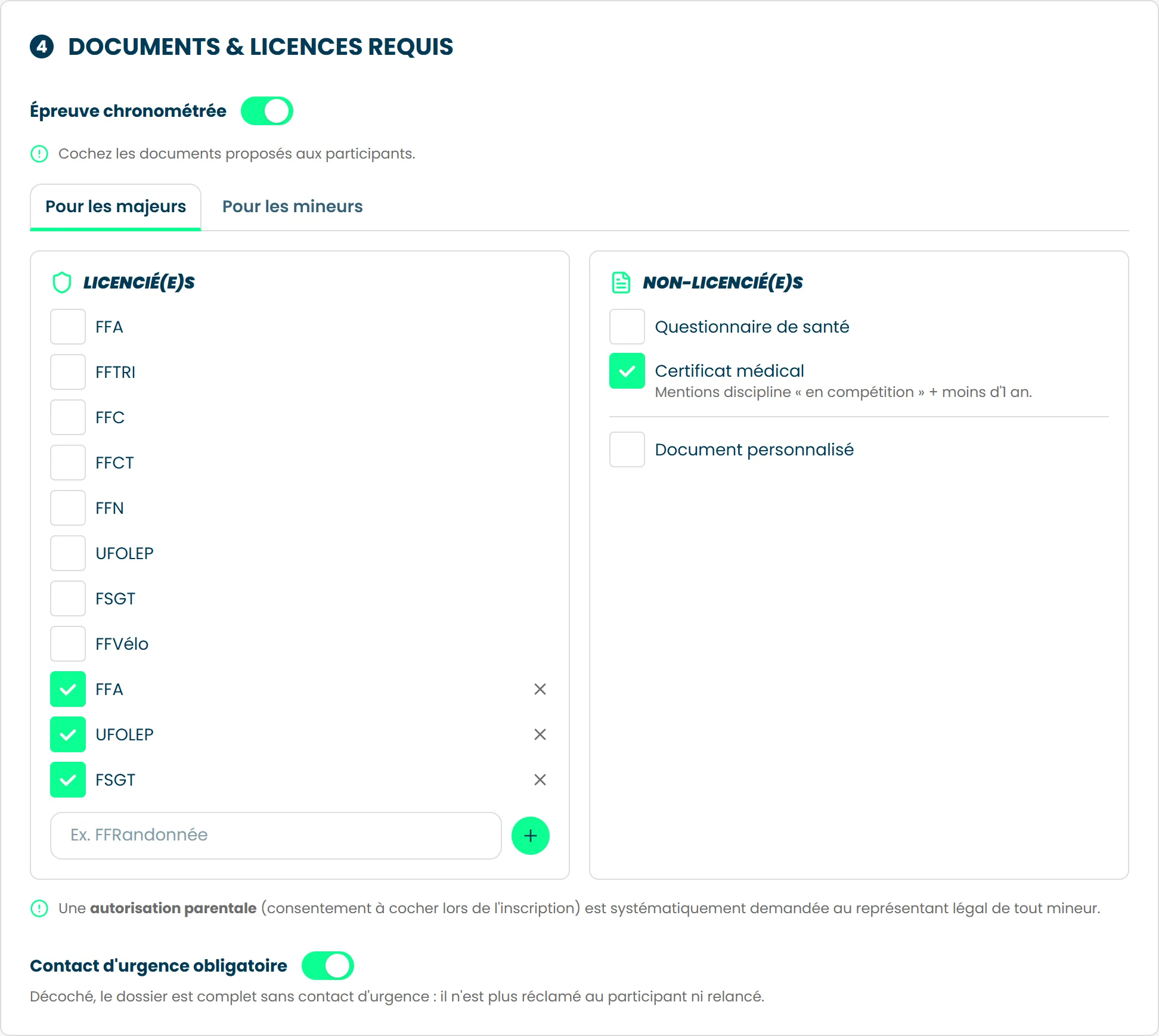 La section Documents & licences requis, avec la colonne des licenciés et celle des non-licenciés