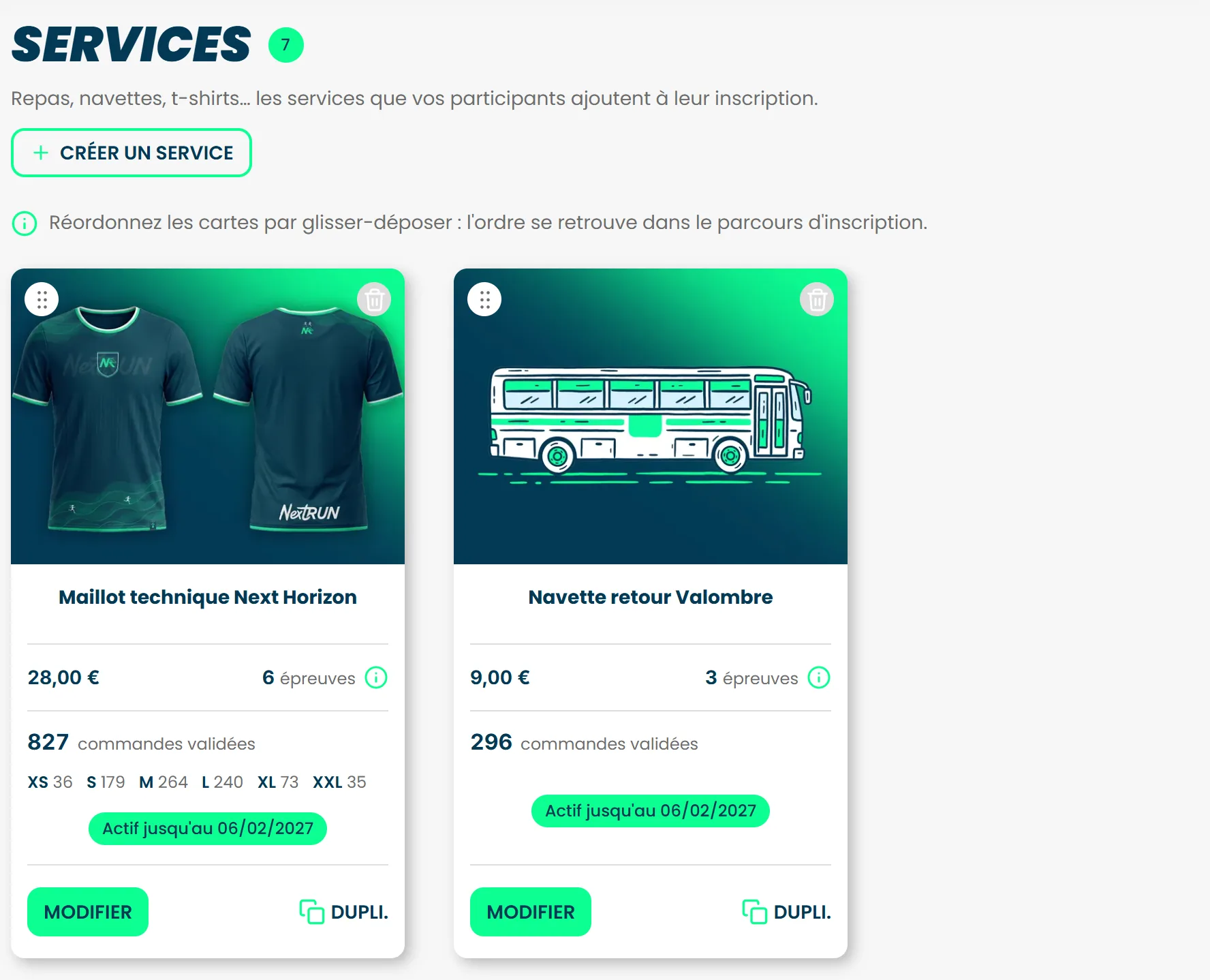 L'écran Services, avec le bouton Créer un service et deux cartes de service