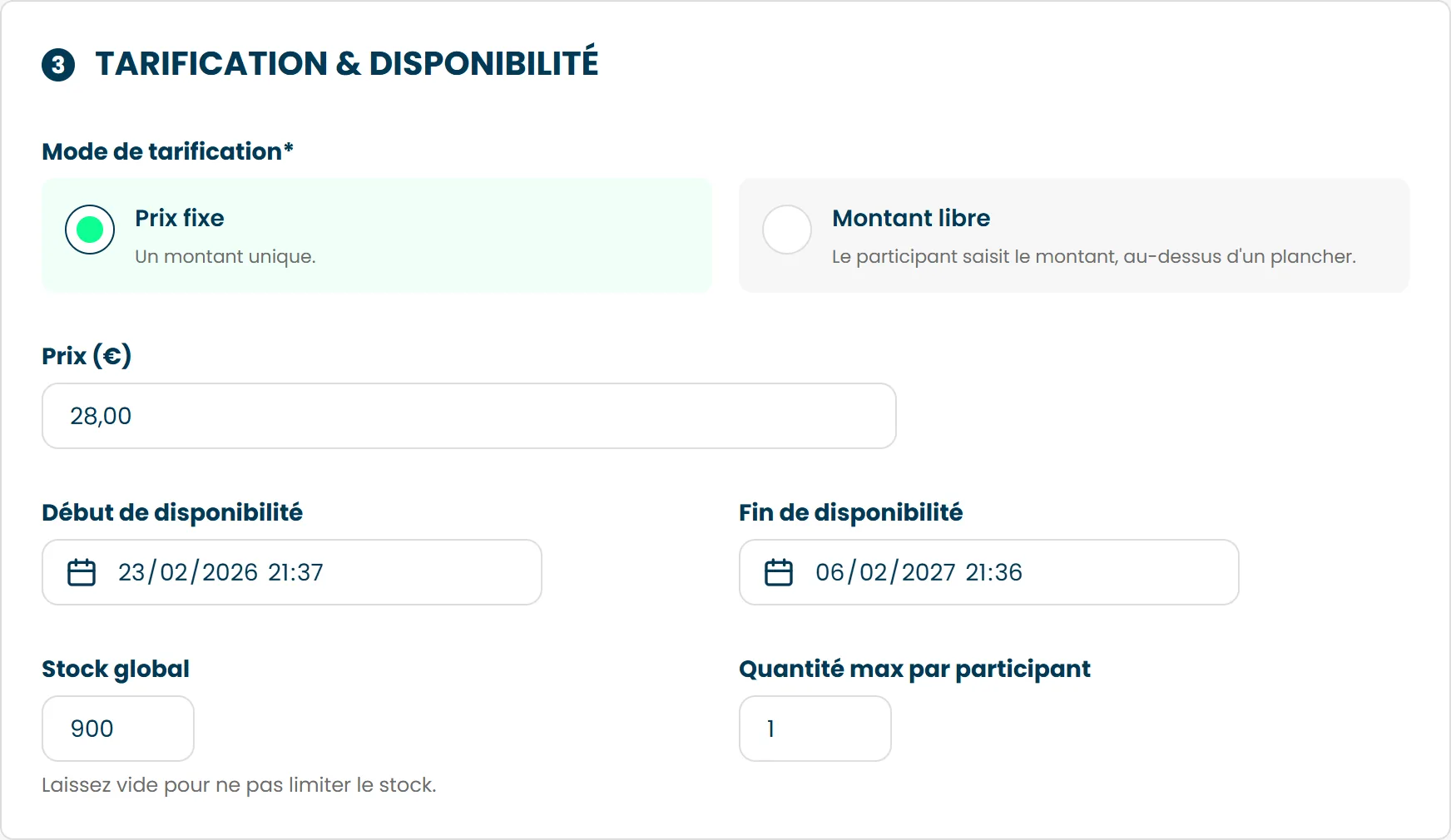 La section Tarification & disponibilité d'un service, avec son prix, ses dates, son stock et son maximum par participant
