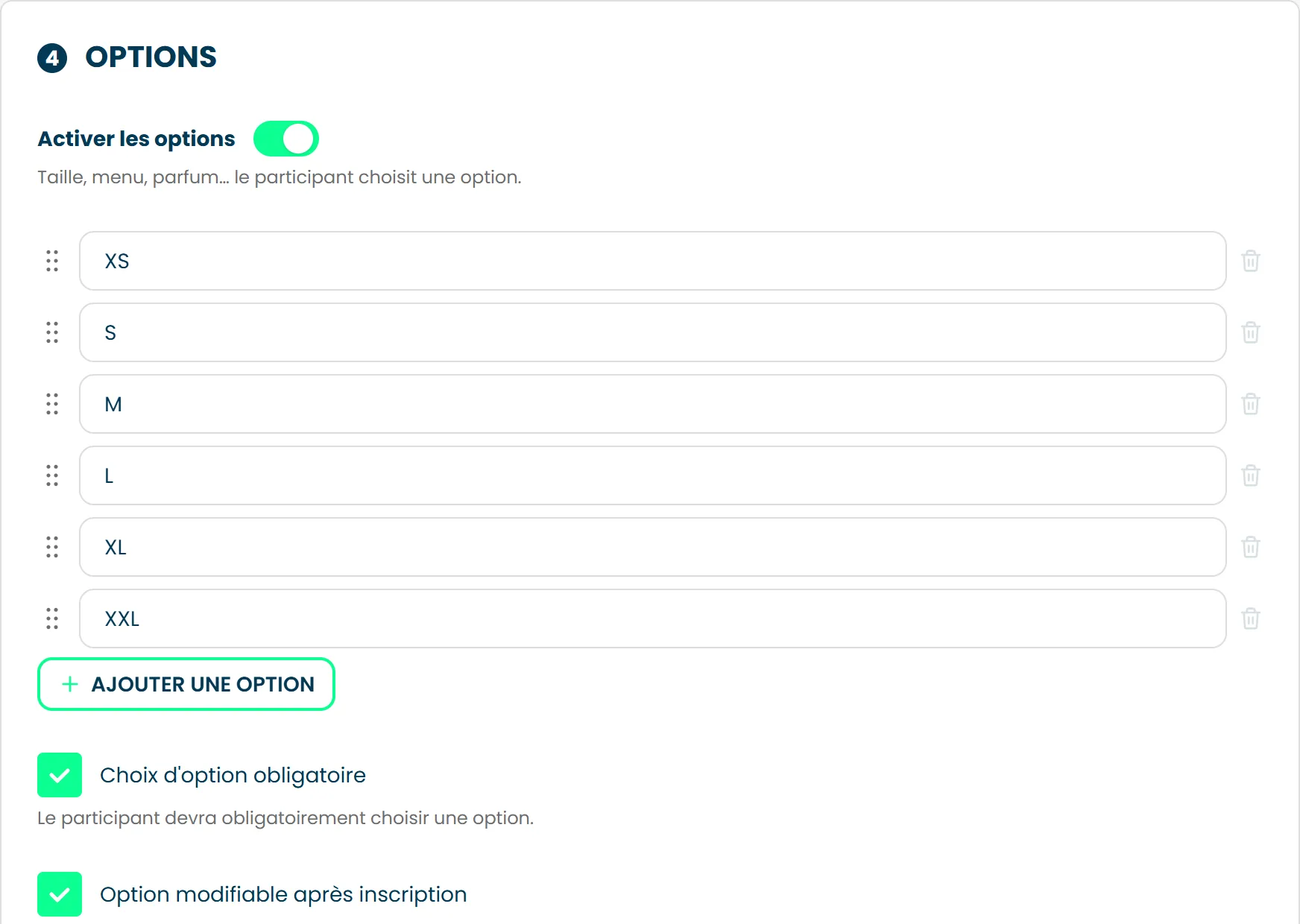 La section Options d'un maillot, avec six tailles et la case Choix d'option obligatoire