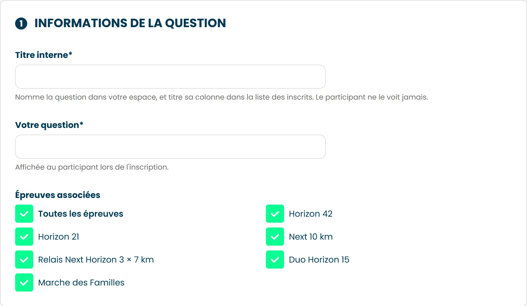 Le formulaire d'une question, avec son titre, son texte et les épreuves concernées