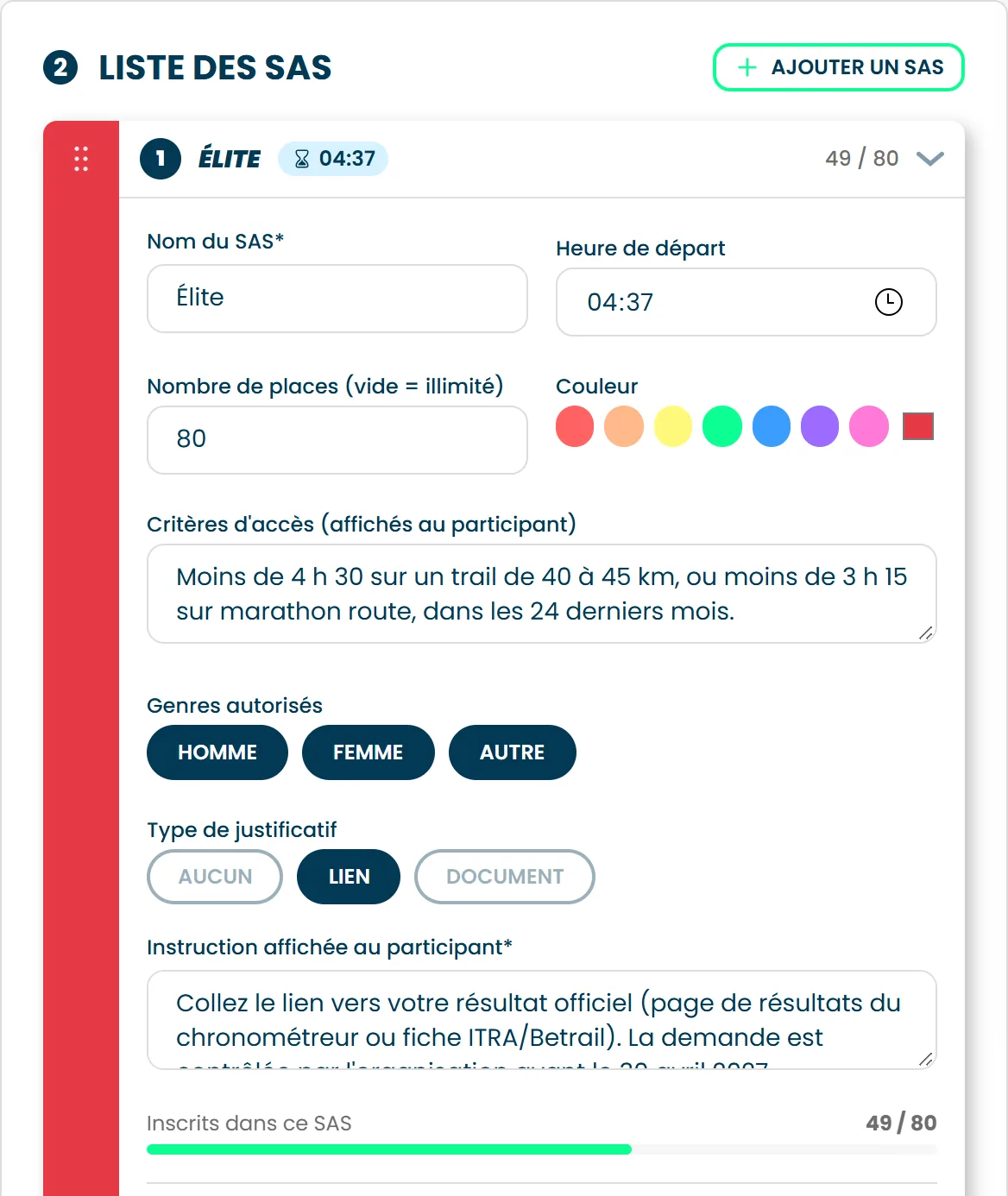 Un SAS de départ ouvert, avec son nom, son heure, ses places, sa couleur et ses critères d'accès