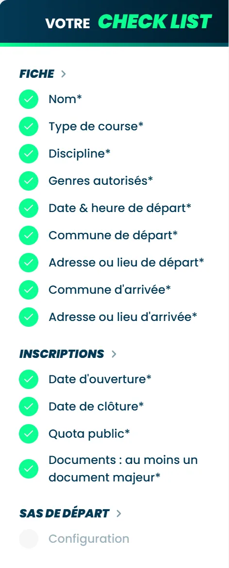 La liste de contrôle d'une épreuve, avec ses lignes cochées en vert et une ligne encore à remplir