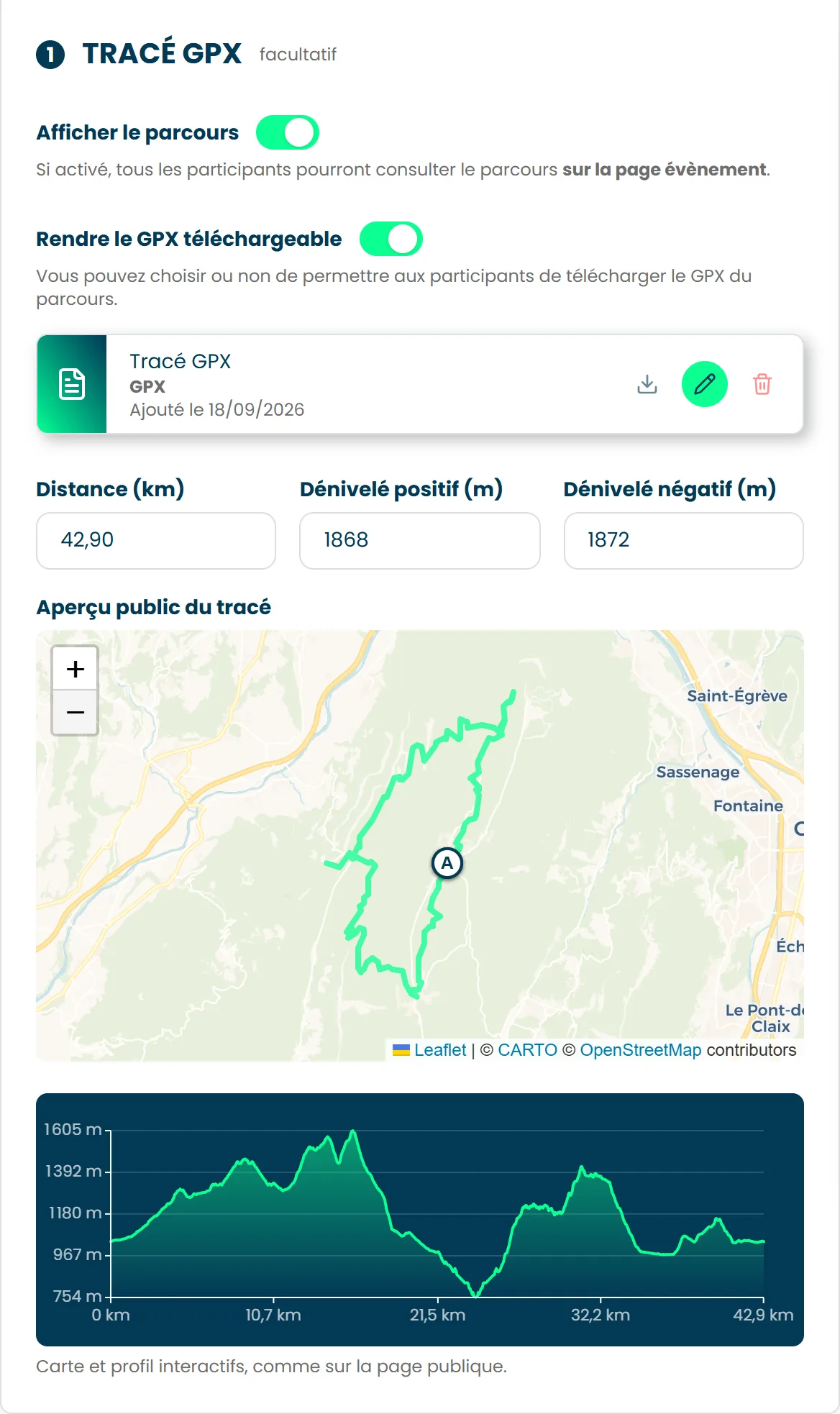 L'onglet Parcours, avec le fichier GPX déposé, la distance, les dénivelés et l'aperçu du tracé