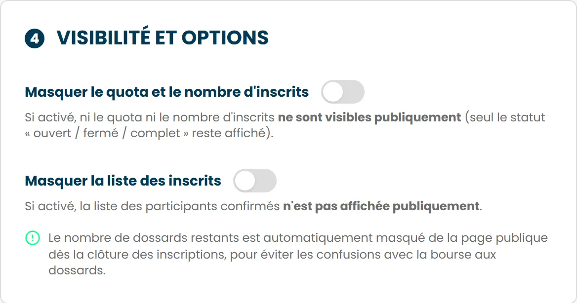 La section Visibilité et options de l'onglet Fiche, avec ses deux interrupteurs