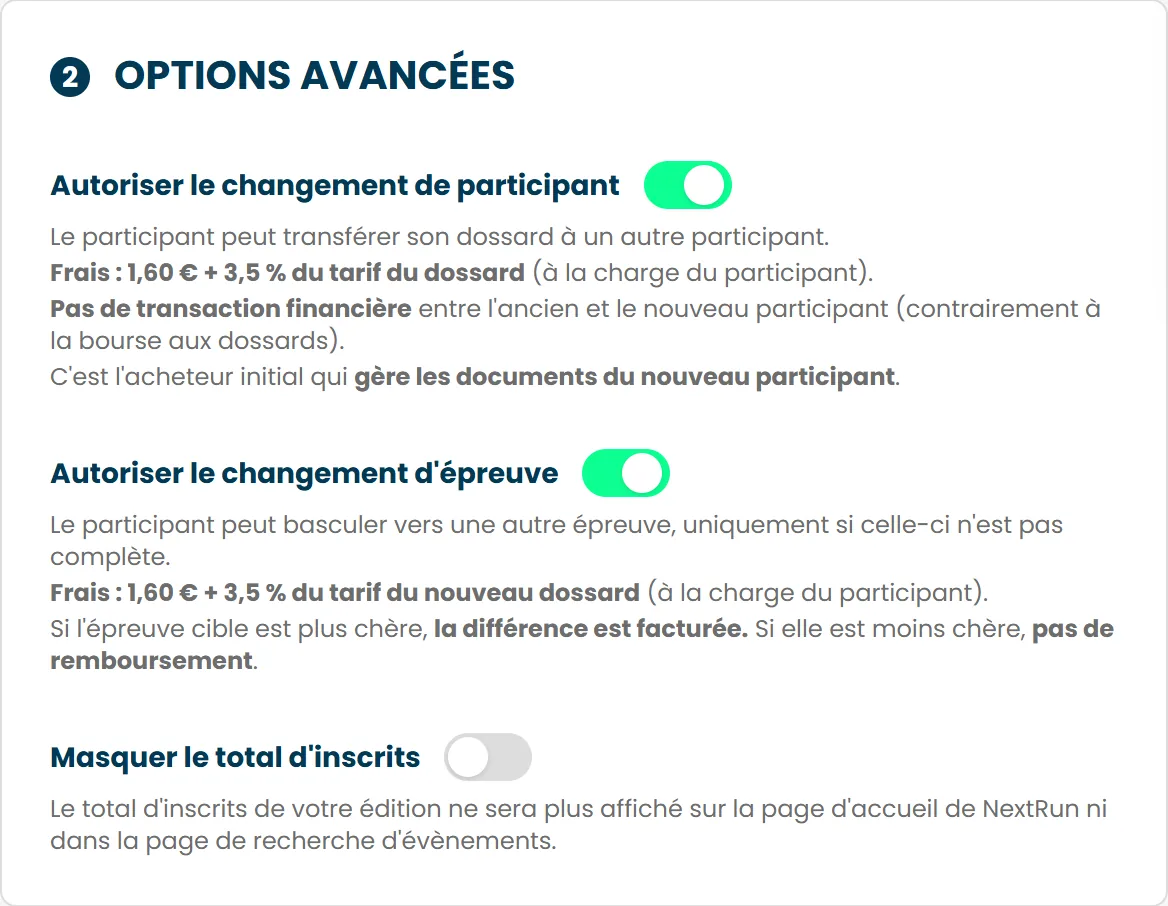 La section Options avancées des paramètres de l'édition, où se trouve Masquer le total d'inscrits