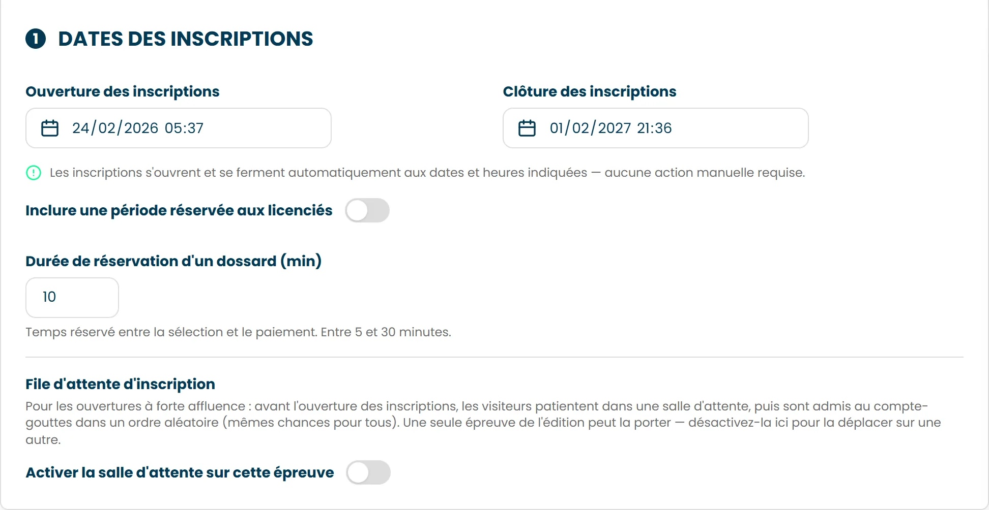 La section Dates des inscriptions, avec l'ouverture, la clôture, la période réservée aux licenciés et la salle d'attente