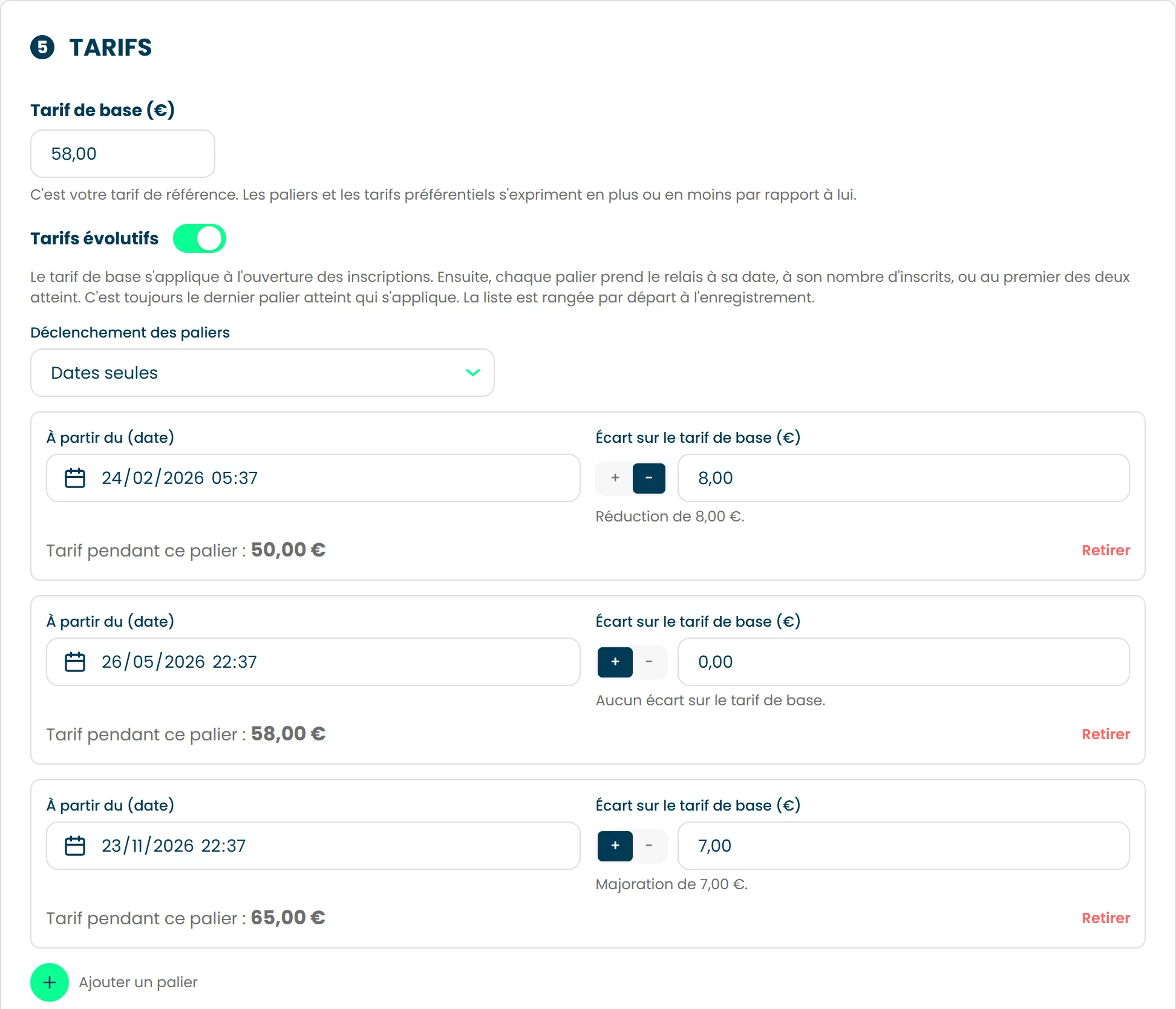 La section Tarifs, avec un tarif de base à 58 € et trois paliers déclenchés par des dates