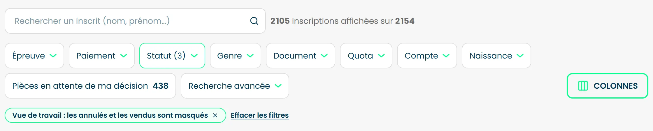 Les filtres de la liste des inscrits, avec la pastille verte Vue de travail sous les boutons de filtre