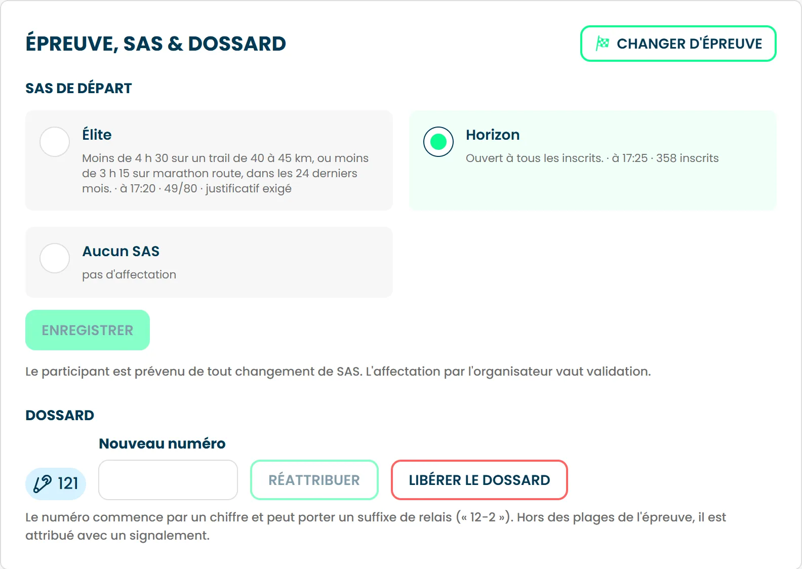 La section Épreuve, SAS & dossard d'un dossier, avec le bouton Changer d'épreuve, le choix du SAS et le numéro de dossard