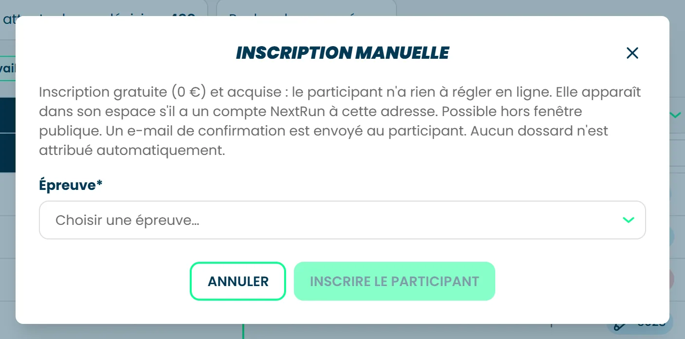 La fenêtre Inscription manuelle, qui demande d'abord l'épreuve