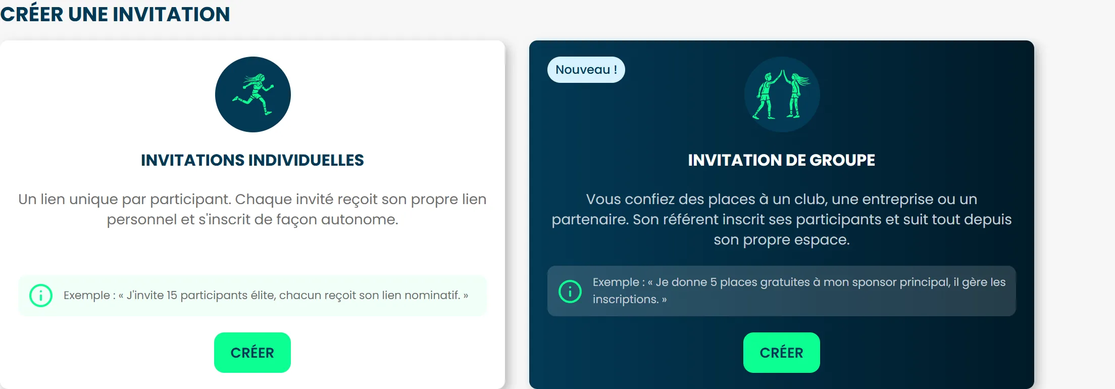 Les deux cartes de création, Invitations individuelles et Invitation de groupe