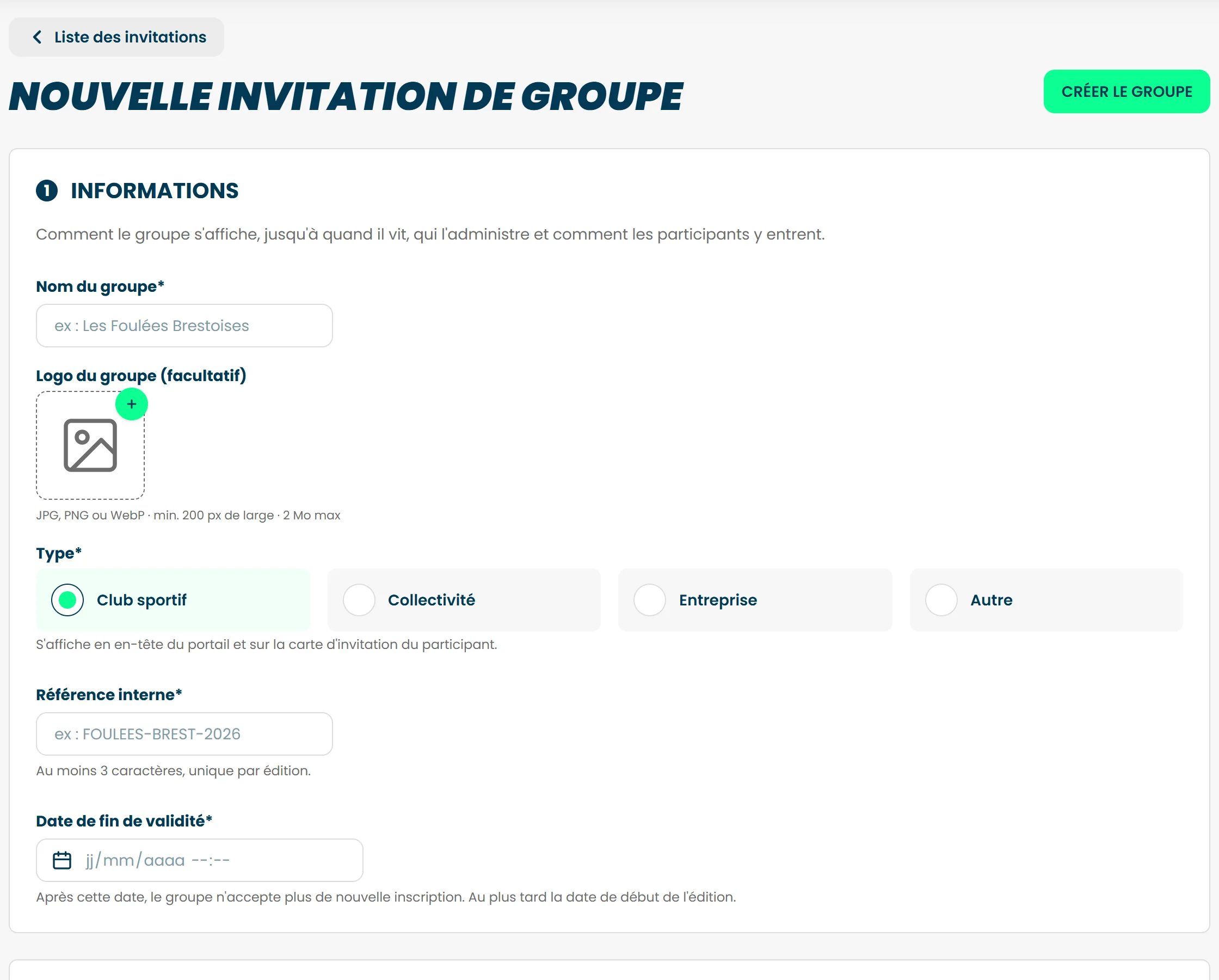 Le formulaire d'une nouvelle invitation de groupe, avec le nom, le type, la référence et la date de fin de validité