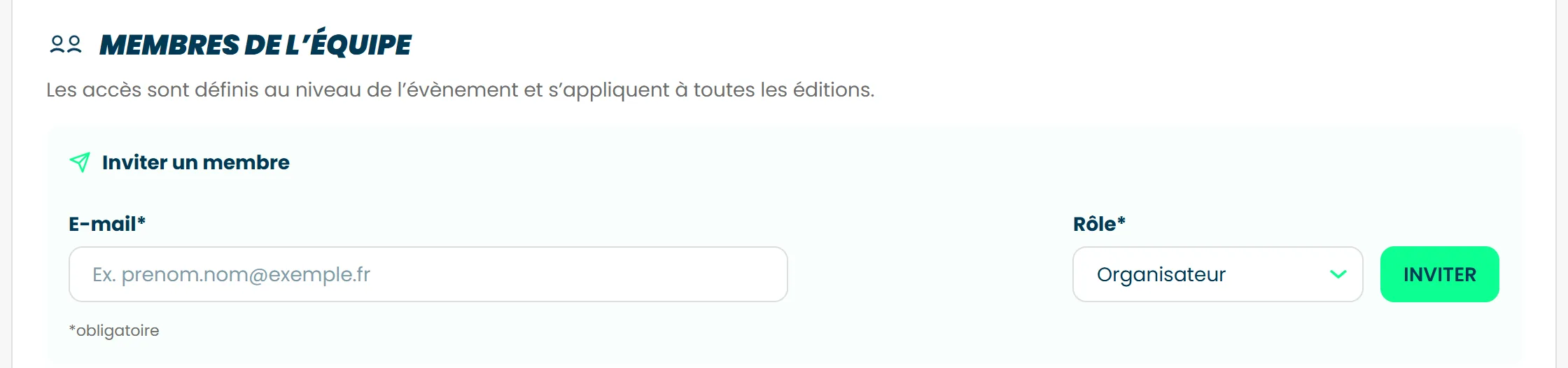 Le bloc Inviter un membre de l'onglet Accès, avec l'e-mail, le rôle et le bouton Inviter