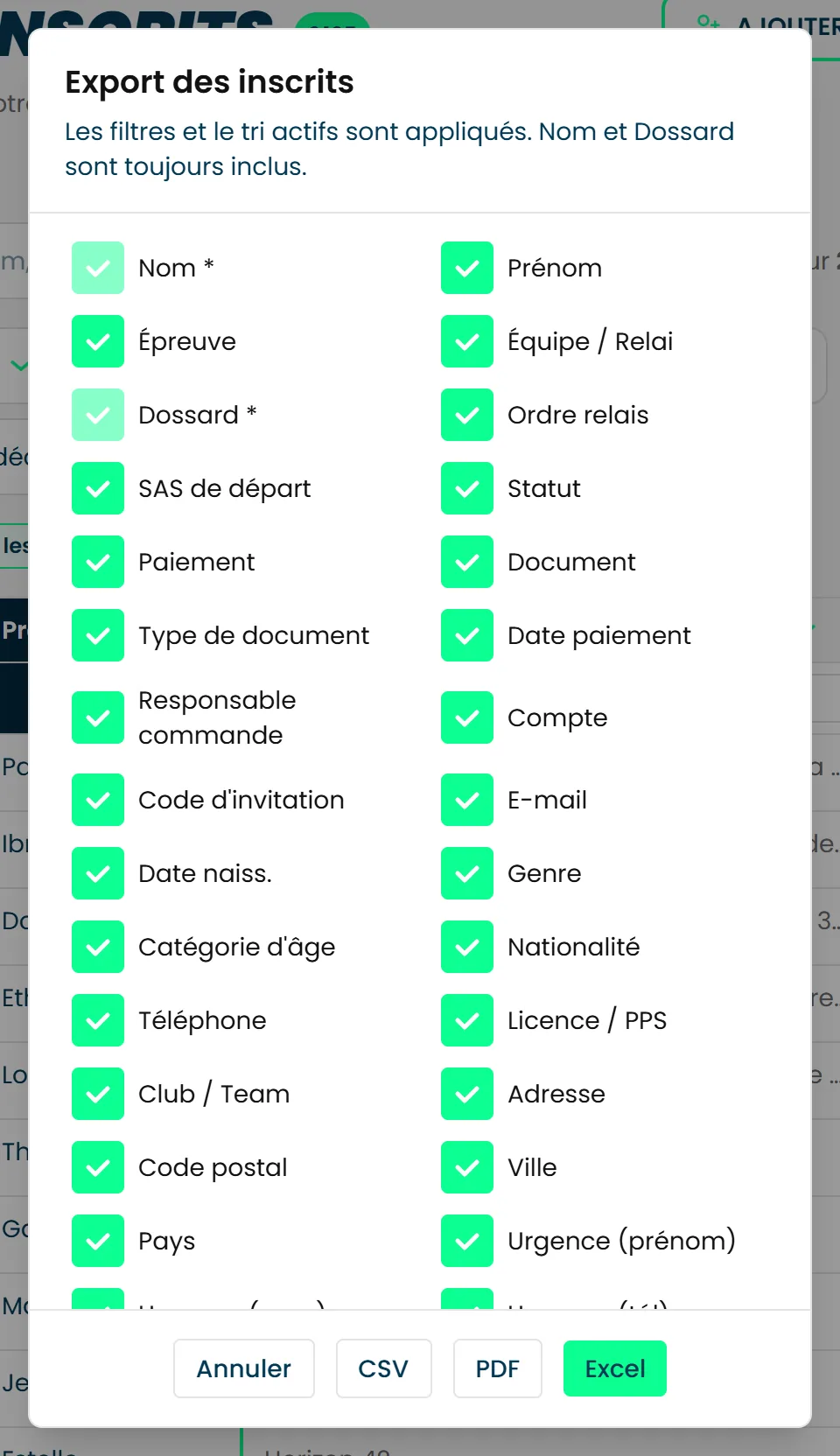 La fenêtre Export des inscrits, avec les colonnes à cocher et les boutons CSV, PDF et Excel