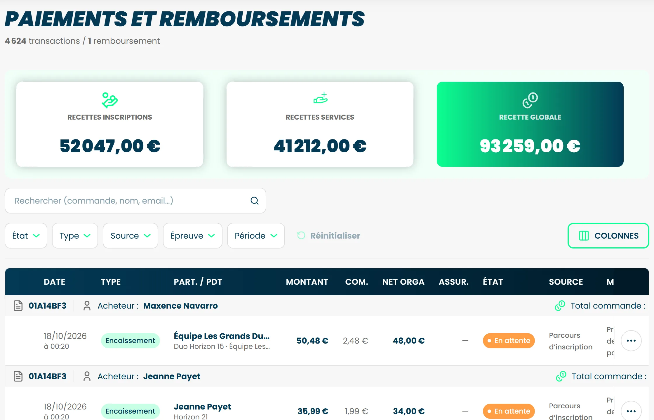 L'écran Paiements et remboursements, avec les trois montants de recettes, les filtres et les premières lignes