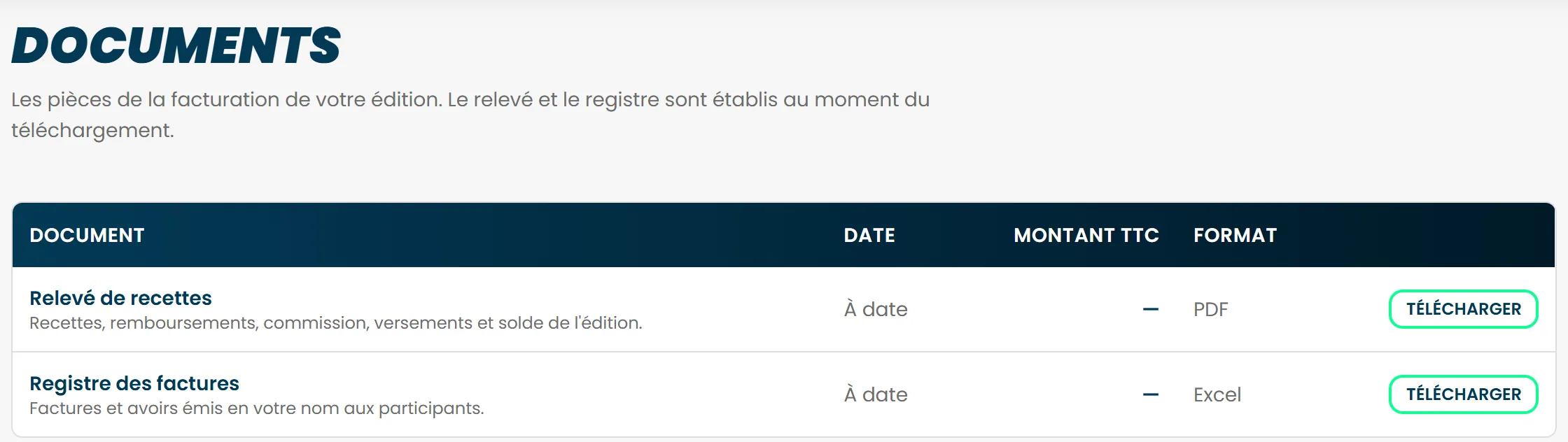 L'écran Documents, avec le relevé de recettes et le registre des factures à télécharger