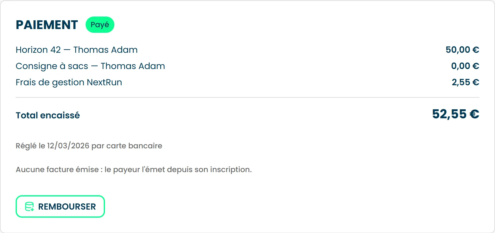 La section Paiement d'un dossier, avec le détail de ce qui a été réglé et le bouton Rembourser