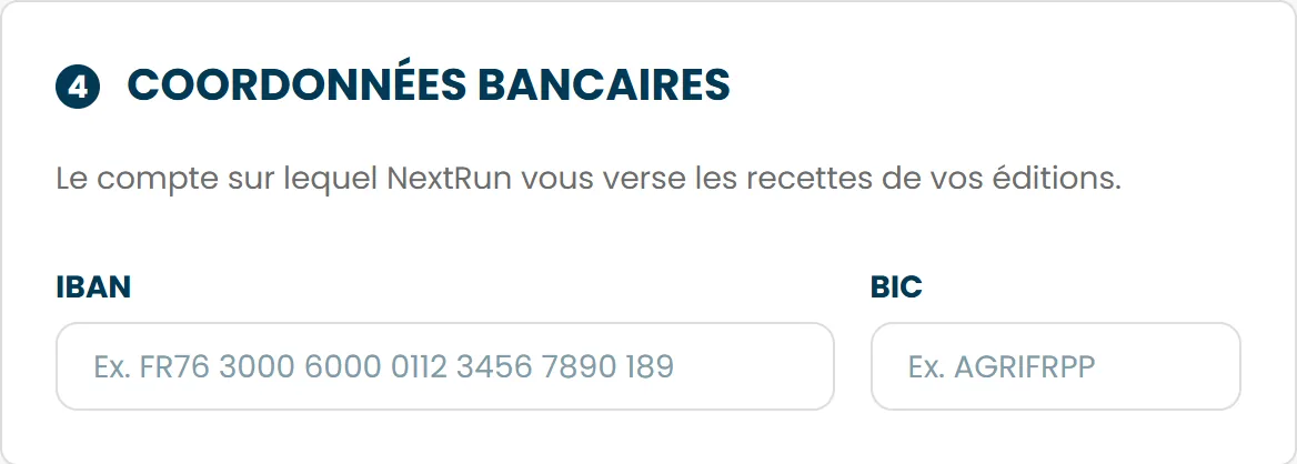 La section Coordonnées bancaires des mentions légales, avec les champs IBAN et BIC