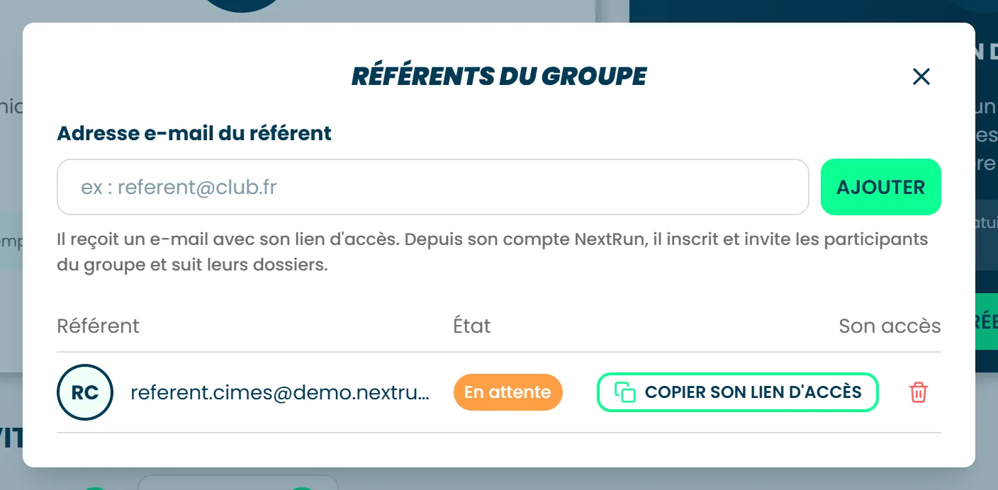 La fenêtre Référents du groupe, avec un référent En attente et le bouton Copier son lien d'accès