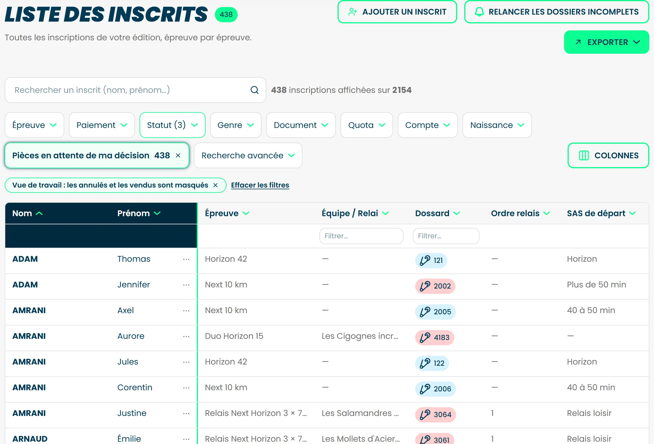 La liste des inscrits réduite aux 438 inscriptions dont une pièce attend votre décision