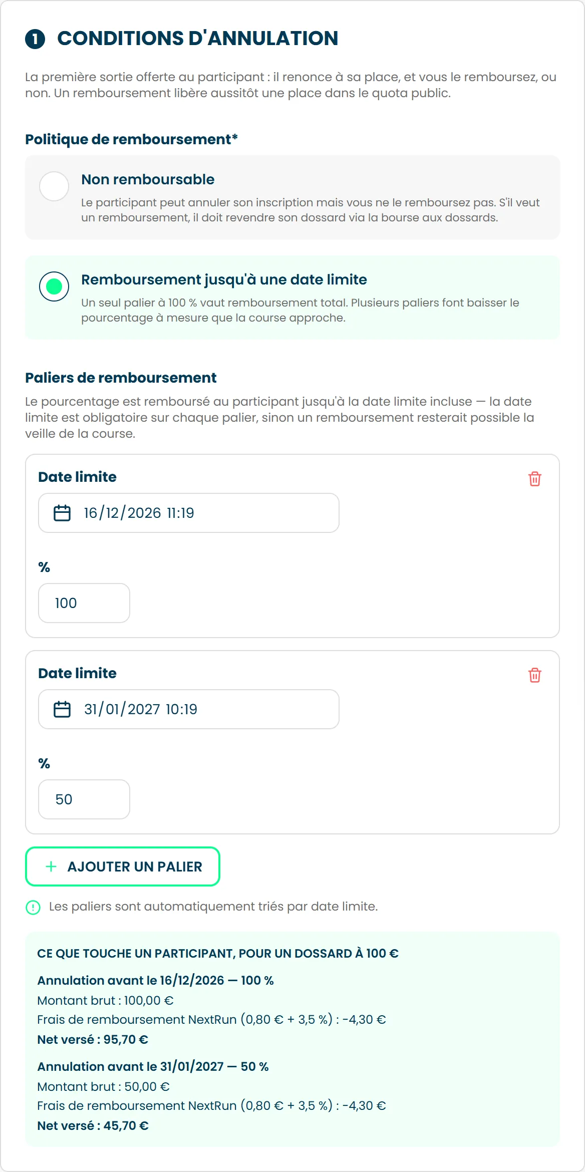 La section Conditions d'annulation, avec deux paliers de remboursement et ce que touche le participant