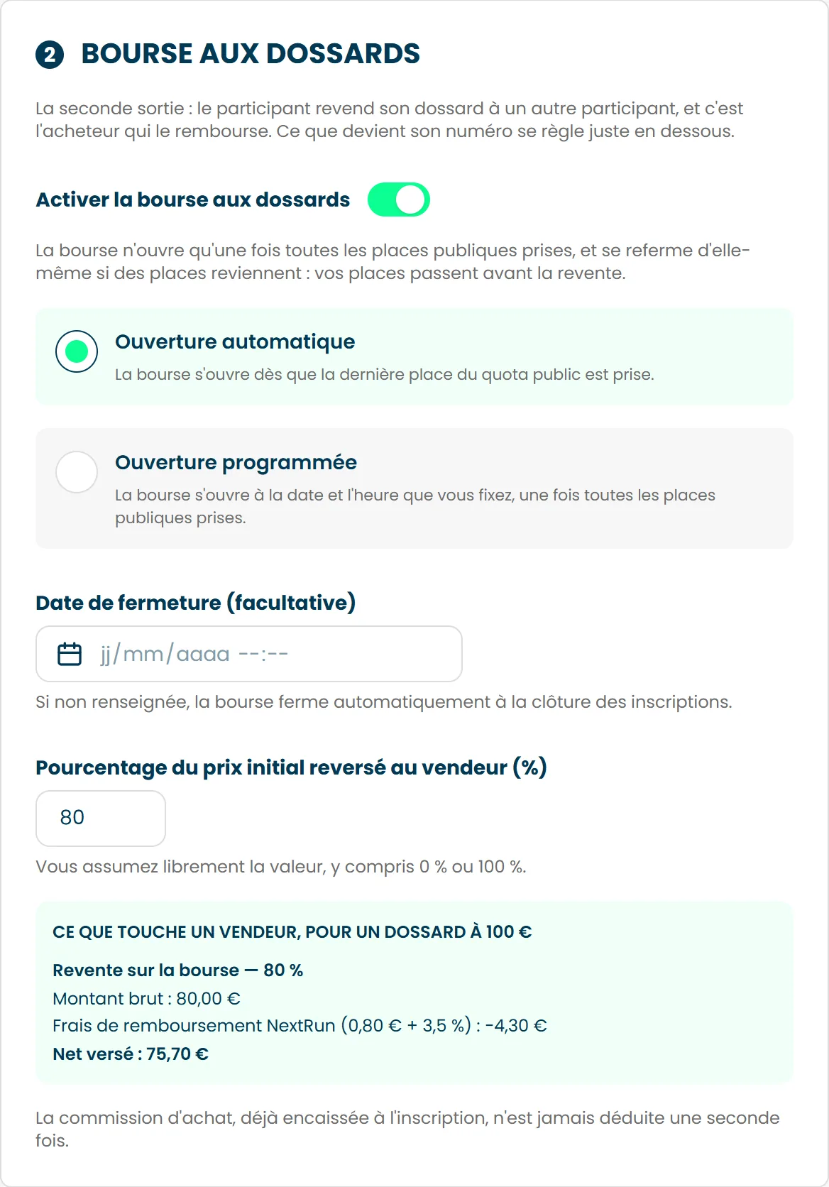 La section Bourse aux dossards de l'onglet Annulation & Revente, avec son interrupteur et le pourcentage reversé au vendeur