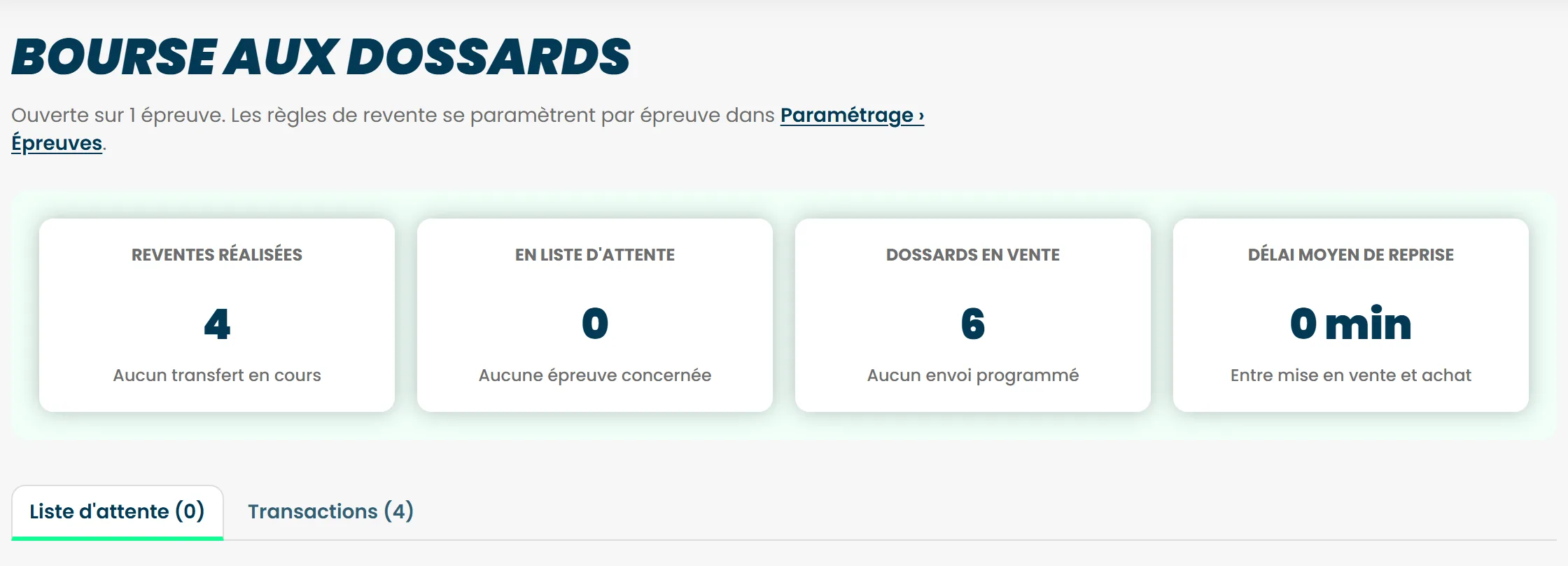 L'écran Bourse aux dossards, avec ses quatre compteurs et ses deux onglets