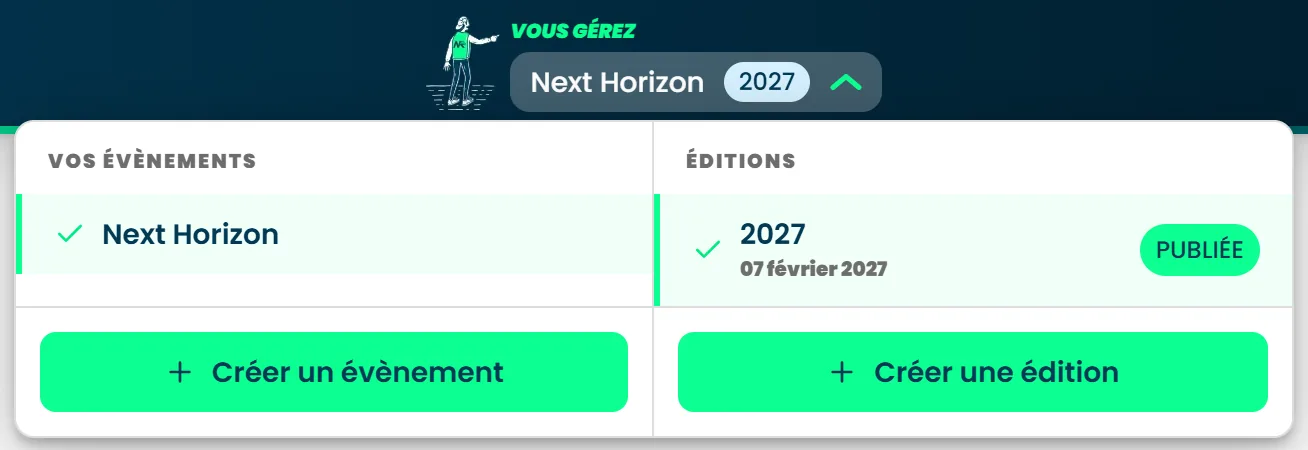 Le panneau ouvert sous « Vous gérez », avec vos évènements à gauche et les éditions à droite