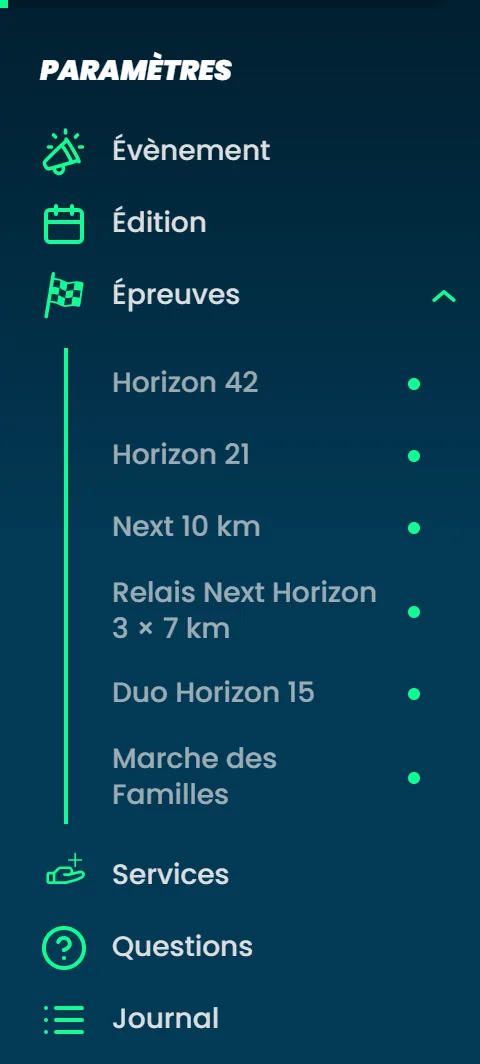 L'entrée Épreuves du menu dépliée sur les six épreuves de l'édition, chacune suivie d'un point vert