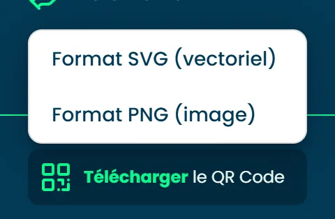 Le bouton Télécharger le QR Code et ses deux formats, SVG et PNG