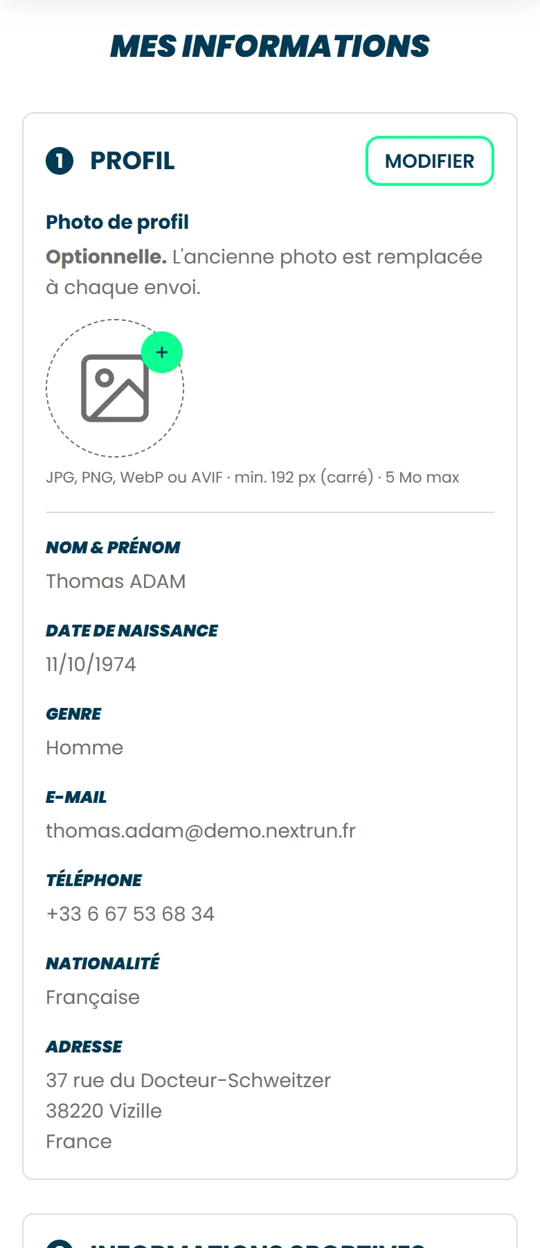 L'écran Mes informations, avec la section Profil, sa photo, l'identité et les coordonnées, et le bouton Modifier