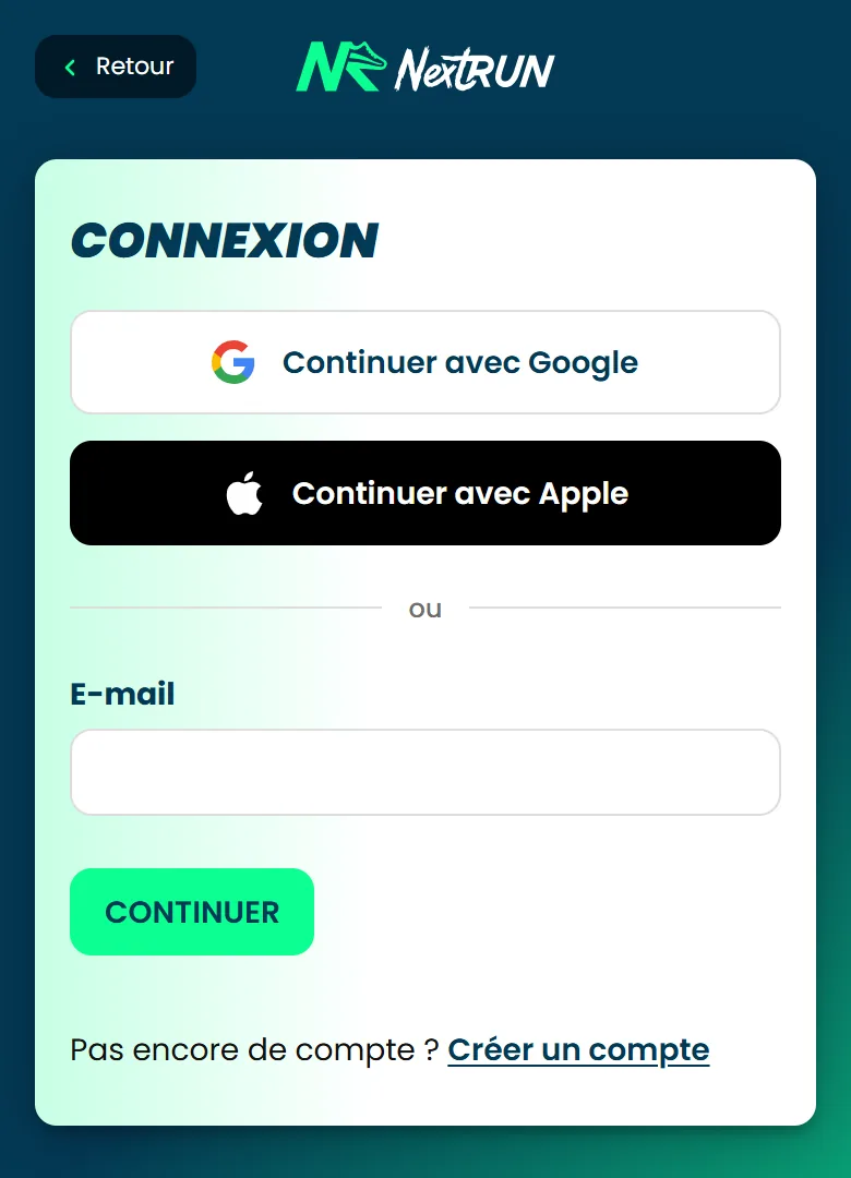 L'écran Connexion, avec Continuer avec Google, Continuer avec Apple, le champ E-mail et le lien Créer un compte