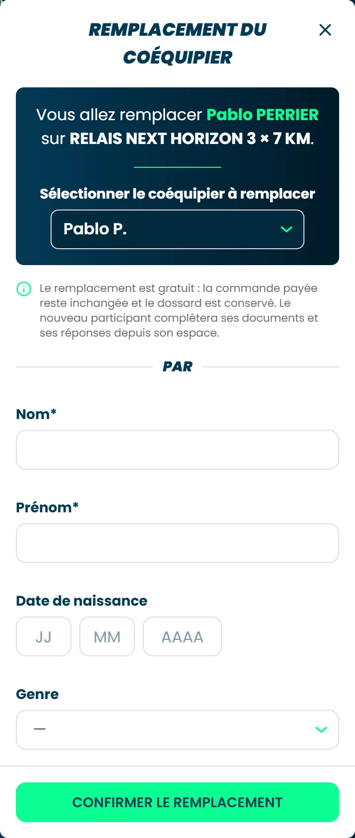 La fenêtre Remplacement du coéquipier, avec le choix du coéquipier à remplacer et l'identité du remplaçant