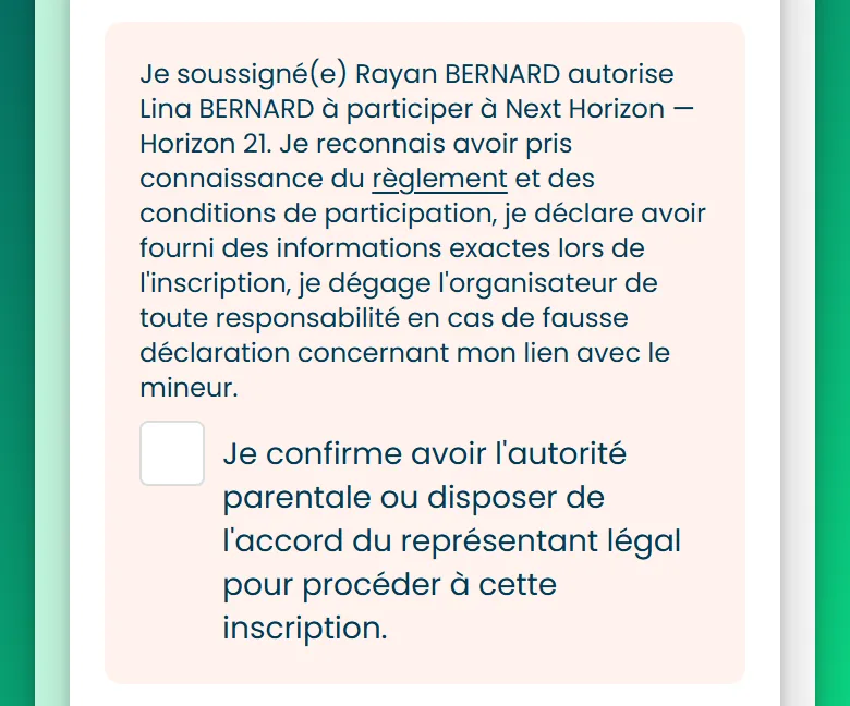 Le texte de l'autorisation parentale, qui commence par Je soussigné(e), et sa case à cocher