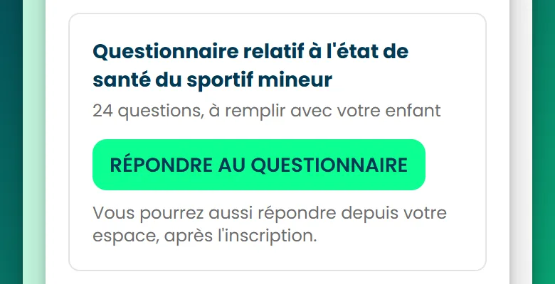 Le bloc Questionnaire relatif à l'état de santé du sportif mineur, avec le bouton Répondre au questionnaire