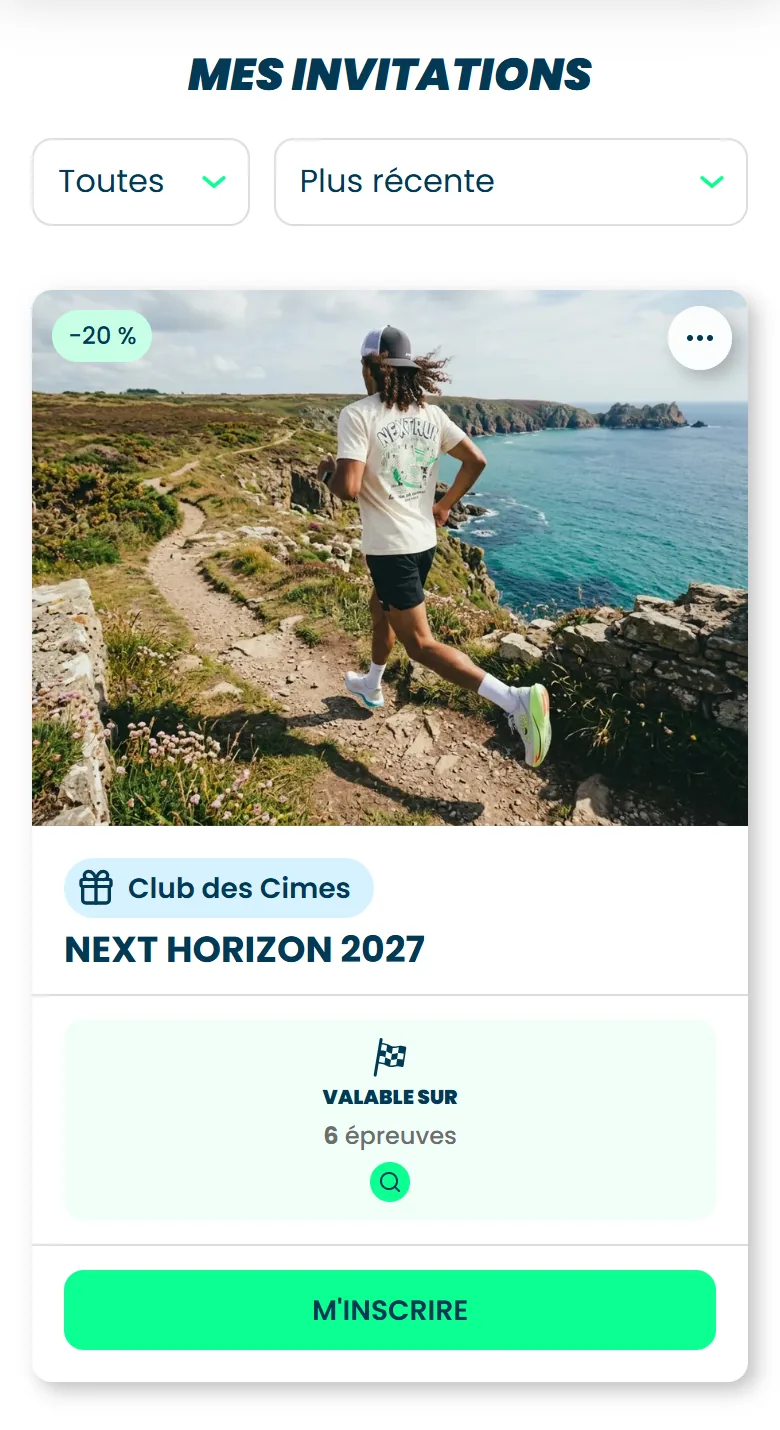 L'écran Mes invitations, avec ses deux filtres et la carte d'une invitation du Club des Cimes, sa réduction de 20 % et le bouton M'inscrire