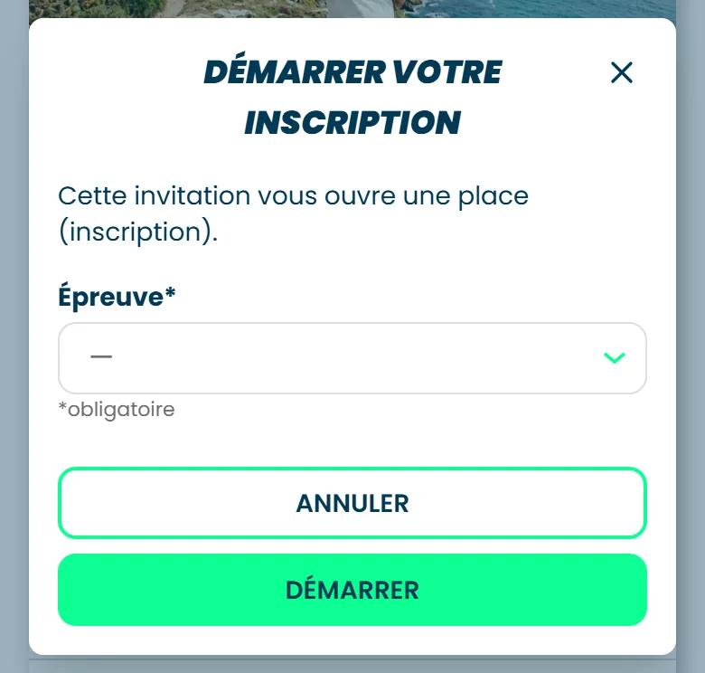 La fenêtre Démarrer votre inscription, avec la liste Épreuve et le bouton Démarrer