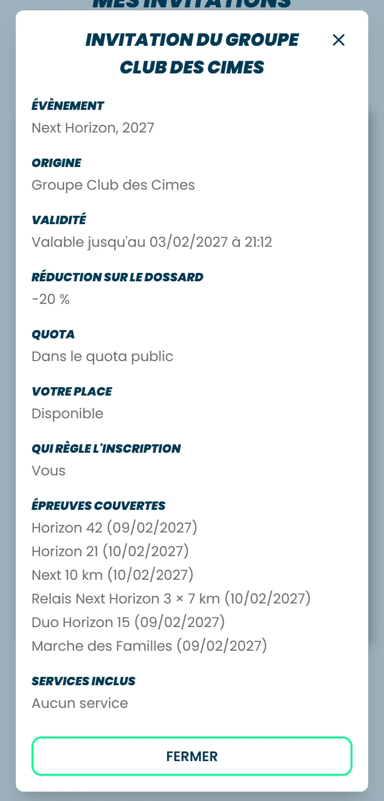 Le détail d'une invitation de groupe, avec sa validité, la réduction, qui règle l'inscription, les épreuves couvertes et les services inclus