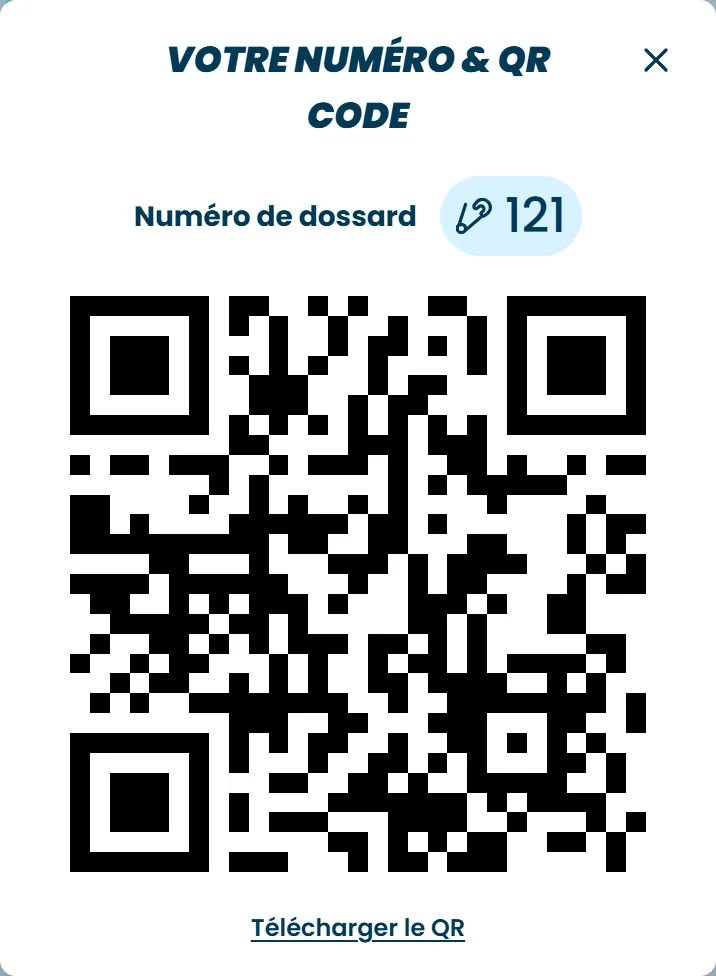 La fenêtre Votre numéro & QR code, avec le numéro de dossard, le QR code de retrait et le lien pour le télécharger