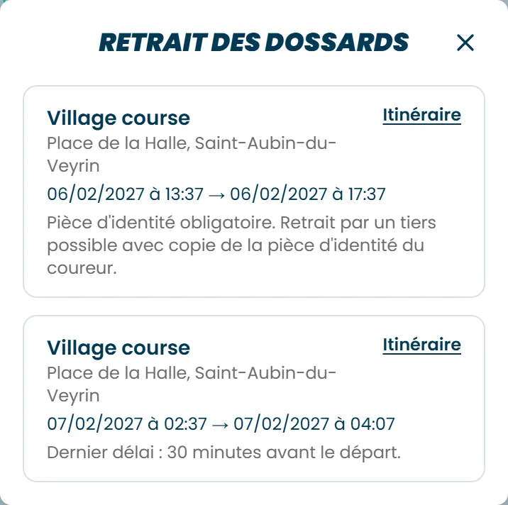 La fenêtre Retrait des dossards, avec deux créneaux, leur lieu, leurs horaires et un lien Itinéraire