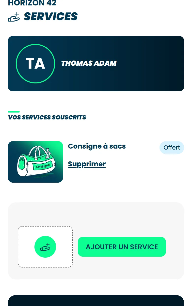 L'écran Services d'une inscription, avec un service déjà souscrit et le bouton Ajouter un service